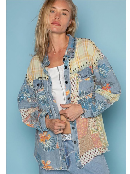 POL Jackets & Blazers - NEW POL Denim Multi Patchwork Floral & Plaid Shacket in Blue, Yellow, Cream